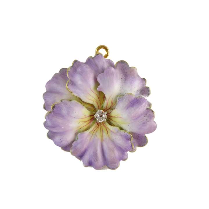 Antique enamel and diamond flowerhead brooch by Tiffany, c.1900, stylised anemone in lilac enamel shading yellow to centre,